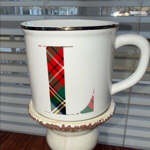 Pottery Barn White Mug with Red and Green Plaid Letter L and Silver Rim